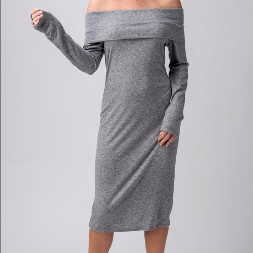 NWT Sexy Gray Off Shoulder Long Sleeve Women's  Sweater Midi Dress Size